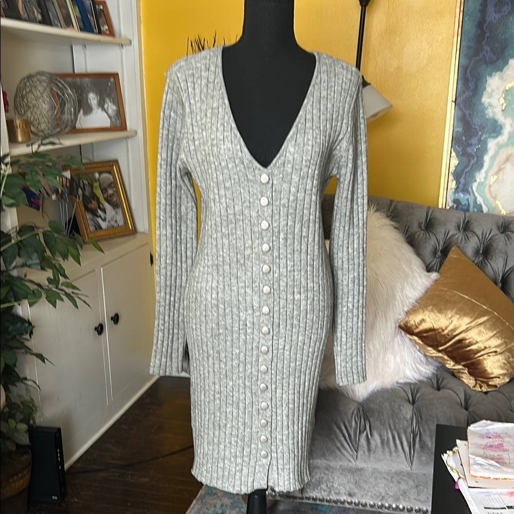 Forever 21 Gray Ribbed Button-Down Sweater Dress